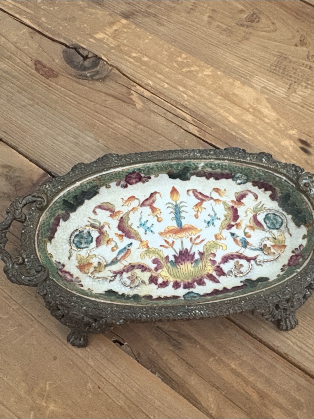 Ornate Floral Ceramic and Metal Decorative Tray - Multicolor